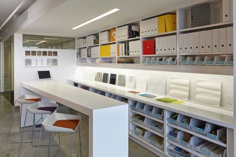 Library Material Library Organization, Office Library Design, Curtain Display, Home Library Design Ideas, Design Center Showroom, Workspace Studio, Showroom Inspiration, Design Studio Workspace, Design Studio Office