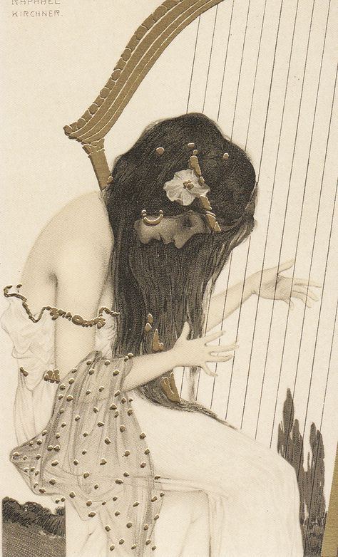 Harpist. Greek Virgins series (1900). Raphael Kirchner (Austrian, Art Nouveau, 1876-1917). Publisher Theodor Stroefer. Illustration Art Nouveau, Art Nouveau Illustration, Art Et Illustration, Gustav Klimt, Pics Art, A Drawing, Harp, Art Vintage, Love Art