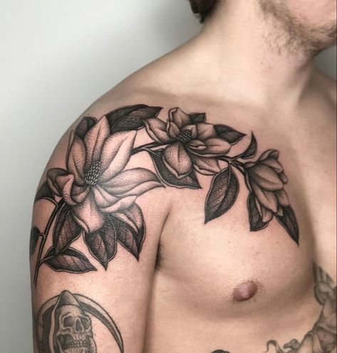 Men’s Upper Arm Sleeve, Flower Shoulder Tattoo Men, Shoulder Peony Tattoo, Shoulder To Chest Tattoo For Men, Mens Floral Tattoo, Flower Tattoos For Men, Traditional Shoulder Tattoo, Tattoo Fixers, Traditional Tattoo Man