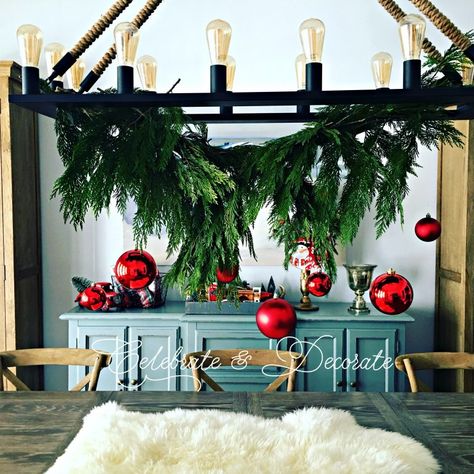 A hanging arrangement for over your holiday table. Christmas Home Decorations, Holiday Dinner Table, Dollar Store Christmas, Fabulous Christmas, Christmas Projects Diy, Coastal Christmas, Christmas Tablescapes, Christmas Mantels, Christmas Gift Guide