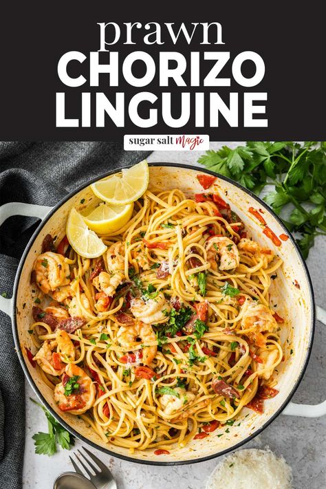 Rich and robust, this prawn and chorizo linguine is a comforting pasta dish that's so easy to make and perfect for a quick weeknight dinner. Pasta Prawn Recipe, Prawn And Chorizo Pasta, Chorizo Linguine, Prawn Linguine Recipe, Prawn And Chorizo, Fennel Pasta, Chorizo Pasta, Shrimp Linguine, Chicken Lunch