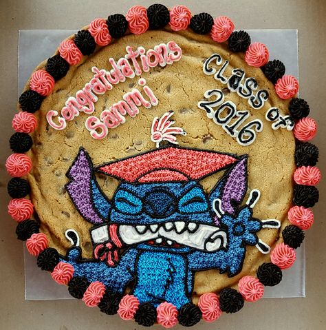 Stitch cookie cake. Graduation cookie cake. 200th cookie cake. Stitch Graduation Party Ideas, Stitch Cookie Cake, Cookie Cake Graduation, Stitch Graduation Cap, Graduation Cookie Cake, Stitch Graduation, Grad Decorations, High School Graduation Cakes, Disney Graduation