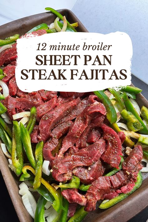 These sheet pan Steak Fajitas are so easy to make when you need dinner in a hurry! Flank steak, peppers and onion goes on one pan and is cooked under a broiler for 12 minutes. Serve with your favorite toppings in a bowl or on a gluten free wrap. Serve with rice or cauliflower rice for a bigger meal. Flank Steak Sheet Pan, Beltane 2024, Sheet Pan Steak Fajitas, Steak Peppers, Sheet Pan Steak, Flank Steak Fajitas, Steak And Rice, Pan Steak, Sheet Pans