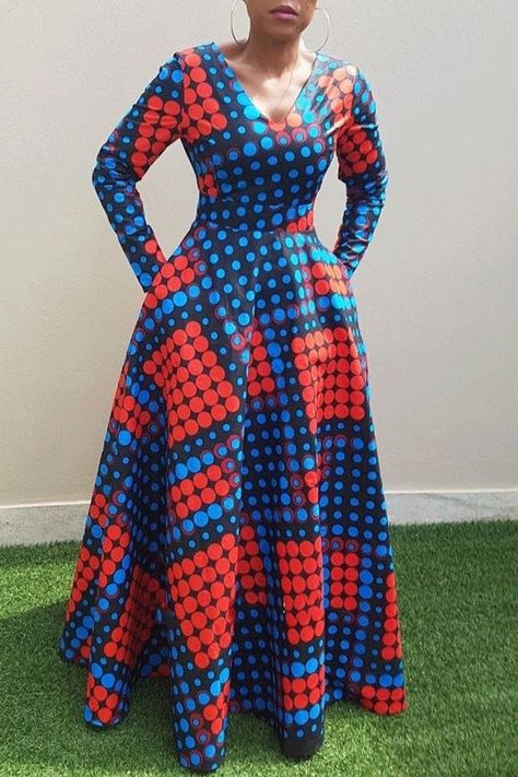 V-Neck Long Sleeves Polka Dots Women's Dress Dawn Quotes, Kitenge Designs, Shweshwe Dresses, Long African Dresses, Sukienki Plus Size, Best African Dresses, African Fashion Skirts, African Dresses Modern, African Wear Dresses