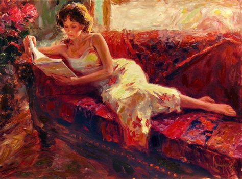 Vladimir Volegov - Russian Figurative Painter (beautiful woman reclining on red sofa) Woman On Couch, Couch Painting, Vladimir Volegov, Red Couch, Reading Art, New York Art, Woman Reading, Reading A Book, Figure Painting