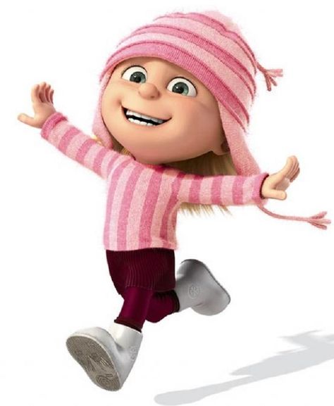 Despicable Me - Edith Gru (voiced by Dana Gaier) is one of Gru's adopted daughters, along with Margo and Agnes. She shares many traits with Gru, being very destructive, tomboyish and sports a macabre sense of humor.  Upon seeing all of Gru's weapons and torture devices, her dark, destructive nature is shown when she nonchalantly walks into an iron maiden and starts playing with Gru's dangerous weapons in his lab. A Cartoon Character, Cartoon Girl, Despicable Me, A Cartoon, Cartoon Character, Pink