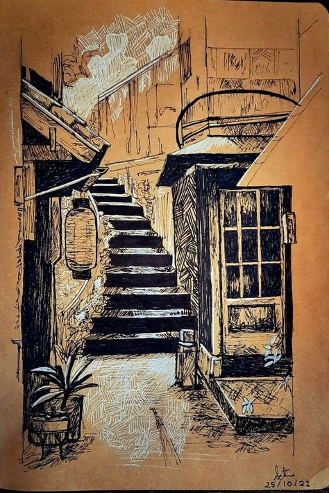 Brown Paper Sketch, Jordan Painting, Micron Pen Art, Sepia Art, Paper Sketch, Tears Art, Perspective Drawing Architecture, Stippling Art, Interior Architecture Drawing