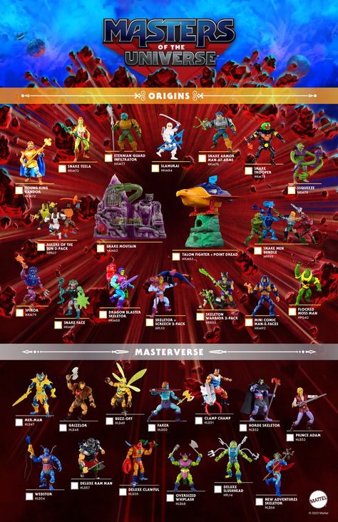 Mattel have sent through a ton of new product images for upcoming Masters of the Universe items due in Fall 2023. This includes both Origins and Masterverse, with roughly 30 new items included. No pre-orders yet, those should start going live at various retailers starting soon. Read on to check out all the images, including... 2023 Checklist, He Man Figures, Lego Simpsons, Skeletor Heman, Skeleton Warrior, Old School Toys, Toy Catalogs, Classic Cartoon Characters, Secrets Of The Universe