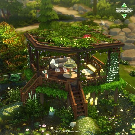 My Sims partner here on Instagram is celebrating her 300 follower milestone with a shell challenge - congratulations, @alesia_plays! 🎉🍾🎊 The challenge's theme is "water". So I decided to turn the room into an overgrown garden pavilion at a pond in Copperdale. With lots of plants, books, light and surrounded by nature. And if you now wanna point out that books from an overgrown bookcase most likely will be moldy and unreadable and that there will be mosquitos everywhere - I can't hear you! 😂... Sims Pond Ideas, Sims 4 Magnolia Blossom Park, Sims 4 Nature House, Sims 4 Community Garden, The Sims 4 Garden Ideas, Sims Landscaping, Sims Bar, Sims 4 Landscaping Ideas, Sims 4 Garden Ideas