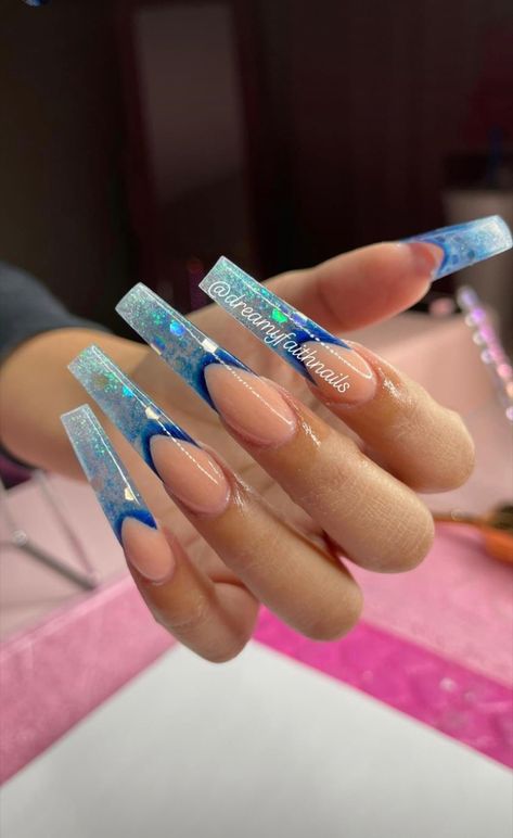 Pisces Nails, Gender Reveal Nails, Blue French Tip, Glitter French Nails, Encapsulated Nails, Glitter French Tips, Blue French Tips, Long Acrylic, Blue French