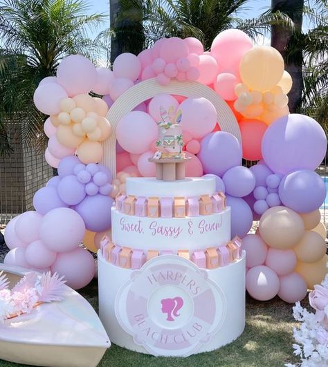 KIDS CO PARTY AND EVENT STYLIST PERTH on Instagram: "Sweet, Sassy and Seven 💅🏼🌸 ft. A hip Barbie Beach Club set up 💁🏼‍♀️💕🏝 . Styling, concept and props @kidsco__ Florals @kidsco__ Cookies @sugarmummacookies.co Cake and desserts @sillysugarbysuji Waterslide Castle @thewhitecastleco Entertainment @gseperth . #barbie #barbiebeachparty #sweetsassyandseven #girlsbirthday #seventhbirthday #kidsco #kidsparties #kidspartiesperth #kidsbirthday #kidsbirthdayparty #kidspartyideas #kidspartyplanner # Sweet Sassy And Six Birthday Decorations, Sweet Sassy And Six Birthday, Sweet Sassy And Seven Birthday, Kids Party Planner, Club Parties, Beach Kids, 7th Birthday, Beach Club, Balloon Decorations