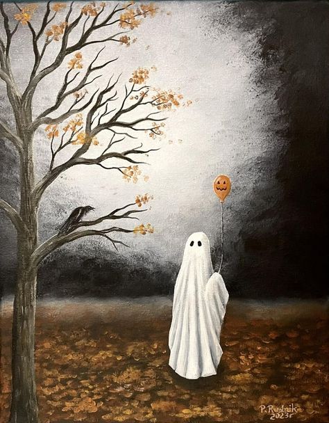 Ghost Oil Pastel, Spooky Halloween Canvas Painting, Ghost In The Woods Painting, Spooky Things To Paint, Sheet Ghost Painting, How To Paint Ghosts, Spooky Halloween Painting, Simple Ghost Painting, Ghost Painting Aesthetic