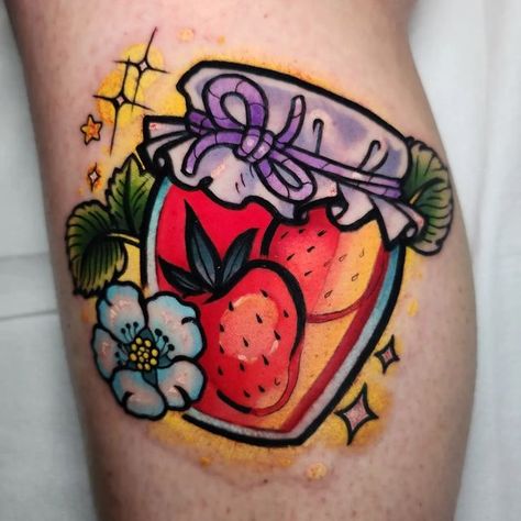 Strawberry Jam Drawing, Jelly Jar Tattoo, Canning Tattoo, Strawberry Jam Tattoo, Gumball Machine Tattoo, Jam Jar Tattoo, Juice Box Tattoo, Sweets Tattoo, Jelly Tattoo