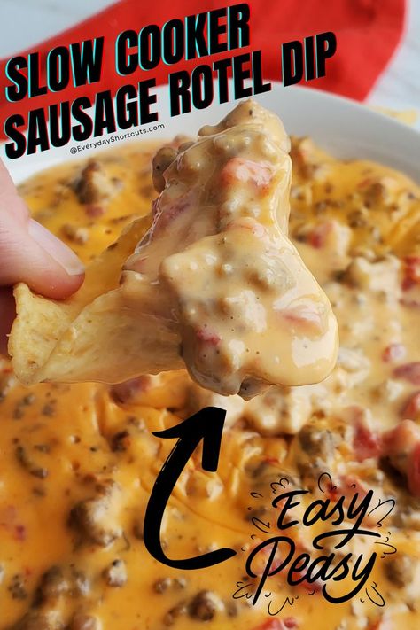 Slow cooker sausage rotel dip on a chip. Rotel Sausage Dip Crockpot, Sausage Rotel Dip Crock Pots, Super Bowl Crockpot, Rotel Dip Crockpot, Sausage Rotel Dip, Rotel Dip With Sausage, Cheesy Sausage Dip, Sausage Slow Cooker, Dip Recipes Crockpot