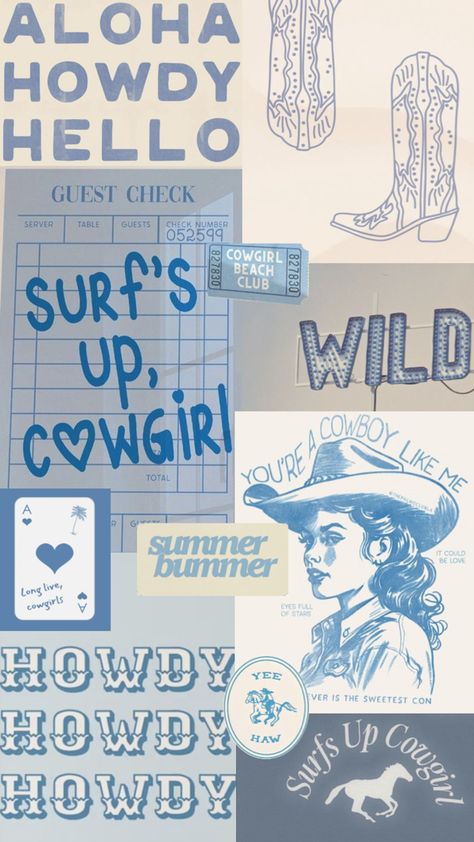 #bluevibes #costal #cowgirl #coastalcowgirl #wallpaper Costal Cowgirl, Collage Board, Cute Laptop Wallpaper, Memory Board, Big Little Reveal, Dorm Walls, Junior Year, Coastal Cowgirl, Summer Wallpaper