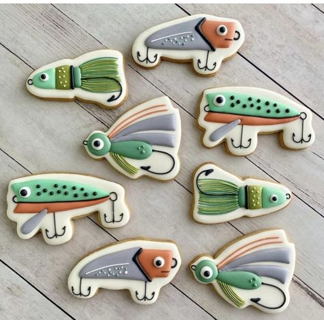 Baby Birthday Cookies, Fishing Cookies, Camping Cookies, Fishing Themed Birthday Party, Hunting Cake, Fish Cookies, Cookie Craft, Sugar Cookie Royal Icing, Iced Sugar Cookies