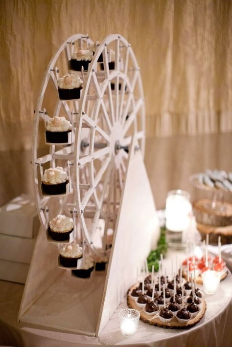 Cupcake Ferris Wheel, Popcorn Bar Ideas, Carnival Wedding, Homemade Cupcakes, Homemade Wedding, Popcorn Bar, Candy Table, Food Display, Cupcake Stand