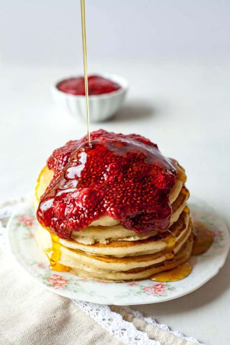 Big Batch Cardamom Ricotta Pancakes with Strawberry Chia Jam #pancakes #mothersday #ricotta #breakfast #chiajam #strawberry #brunch Easy Pancakes, Strawberry Chia Jam, Vegan Pancake Recipes, Best Pancake Recipe, Ricotta Pancakes, Chia Jam, Perfect Pancakes, Savory Pancakes, Homemade Pancakes