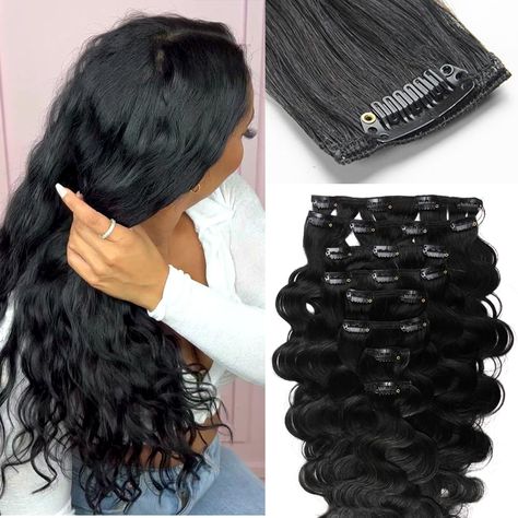 PRICES MAY VARY. 【Clip in Hair Extensions Real Human Hair】 Each clip in hair extension is about 135g (120g hair weight and 20 Clips15g). Clip ins hair extensions can perfectly blend with your hair. One pack can make a full head but 2-3 packs are recommended if you want a thicker hair look. 【Clip In Hair Extensions Material】: Our clip hair extensions are 100% unprocessed Brazilian virgin human hair extensions(double weft), which are chemical-free, clean, soft, and natural without shedding. In addition, it also has high quality that can be bleached to 27# color, easily dyed, and curled to curly or deep wave. 【Easy to Wear Clip In Hair】Clip in Hair Extensions have 20 stainless steel clips. Each clip is covered in soft rubber that provides comfort and protects your precious strands, more secur Styling Clip In Hair Extensions, Clip Ins For Black Women, Fierce Hairstyles, Sew In Hair Extensions, Natural Black Hair, Hair Extensions Clip, Sew In Weave, Black Hair Extensions, Real Human Hair Extensions