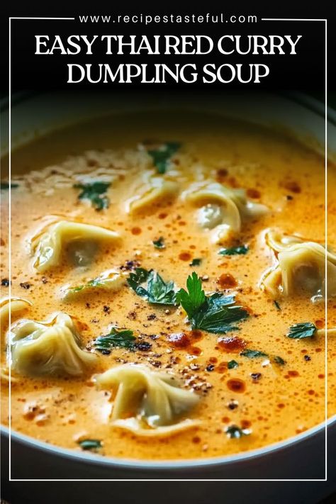 This Easy Thai Red Curry Dumpling Soup is a warm, aromatic dish packed with Thai flavors. The combination of creamy coconut milk, spicy curry paste, and tender dumplings makes for a comforting and satisfying meal that’s perfect for chilly evenings or when you need a flavorful pick-me-up. Easy Thai Red Curry, Thai Red Curry Soup, Dumpling Soup Recipe, Thai Curry Soup, Thai Coconut Curry Soup, Zuppa Soup, Food For The Week, Asian Soup Recipes, Coconut Curry Soup