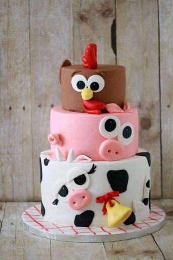 Cow, pig, and rooster Farm Animal Cakes, Barnyard Birthday Party, Farm Animals Birthday Party, Farm Cake, Barnyard Party, Farm Animal Birthday, Barnyard Birthday, Animal Cakes, Farm Birthday Party