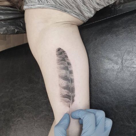 Owl Feather Tattoo 1 Green Feather Tattoo, Quil Tattoos, Feather Tattoo Realistic, Feather Bicep Tattoo, Realism Feather Tattoo, Osprey Feather Tattoo, Owl Feather Tattoo Design, Red Tail Hawk Feather Tattoo, Turkey Feather Tattoo For Women