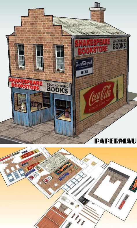 Free Paper Models Building, O Scale Buildings, N Scale Buildings Free Printable, Paper Buildings Free Printable, Free Paper Models Printable Templates, Shakespeare Bookstore, Papercraft House, Paper Models House, Paper Buildings