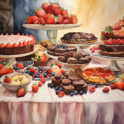 A Level Art Sketchbook, Dessert Tray, Food Painting, Food Table, Canvas Ideas, A Level Art, Painted Table, Art Aesthetic, Cake Art