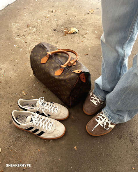 Strike a perfect balance between sporty and luxe with this outfit featuring Adidas Handball Spezial in Earth Strata Gum & Aluminum Core Black. Pair these classic sneakers with your favorite denim jeans and a beige crop top. Layer a sleek blazer for a sophisticated touch, and accessorize with a Louis Vuitton bag for ultimate style. Ideal for a day out in the city or a casual evening event. #UrbanChic #AdidasLVStyle Adidas Handball Spezial Outfit, Karen Outfit, Aesthetic Adidas, Beige Crop Top, Beige Crop Tops, Adidas Handball Spezial, Adidas Handball, Handball Spezial, Beige Outfit