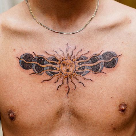 A Sun Tattoo, Tattoos With Deep Meaning, Sun Tattoo Ideas, Pink Floyd Tattoo, Tricep Tattoos, Moon Sun Tattoo, Sun Tattoo Designs, Sun Tattoos, Chest Tattoo Men