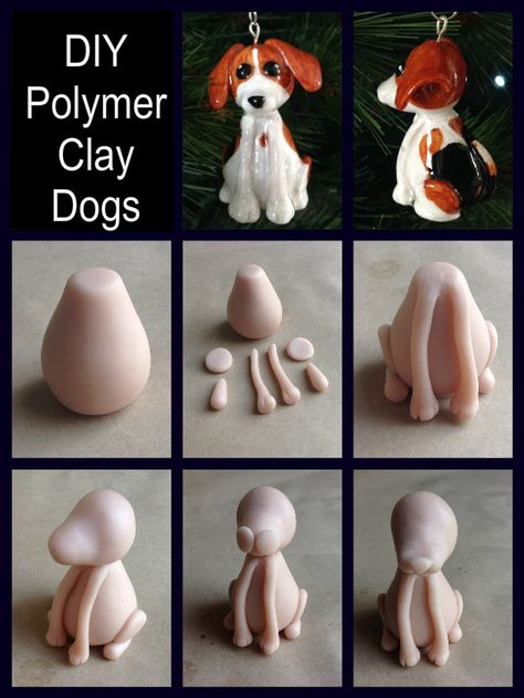 Polymer Clay Dog Tutorial Step By Step, Polymer Clay Dog Easy, Clay Dog Tutorial, Dog Out Of Clay, Fimo Ornaments, Air Dry Clay Dog, Clay Dog Easy, Polymer Clay Dogs, Clay Chickens