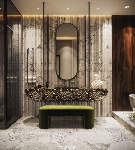 Unique Bathroom Ideas, Sleek Bathroom Design, Unique Bathrooms, Marble Floor Pattern, Bathroom Setup, Green Bench, Marble Basin, Marble Bathroom Designs, Interior Design Portfolio Layout