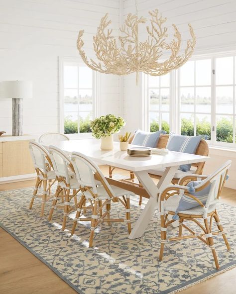 The coastal Oak, breakfast nook ideas, coastal California decor, How to design a family breakfast nook using functional and durable furniture like bistro chairs and hand-knotted rugs. Coastal casual, California casual, chic, modern traditional, modern French country, organic, vintage, Serena & Lily chairs Neutral, light and airy Parisian Bistro Chairs, Parisian Bistro, Coastal Dining, White Chairs, Rattan Dining Chairs, Bistro Chairs, Styl Boho, Serena & Lily, Room Table