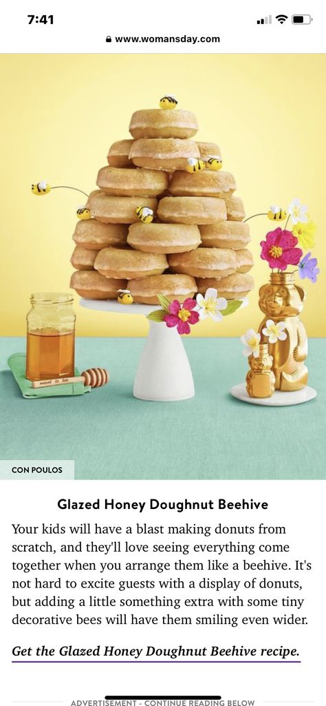 Donut Beehive, Bee Themed Birthday Party, Making Donuts, Doughnut Holes, Bumble Bee Baby Shower, Doughnut Cake, Donut Holes, Bridal Shower Food, Shower Food