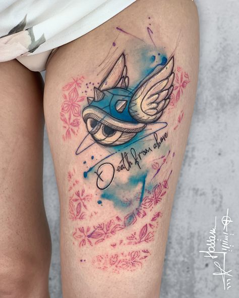 Blue Shell Tattoo Mario, Super Mario Tattoo, Graphic Tattoos, Tattoo Artist Tips, Nintendo Tattoo, Colour Tattoos, Shell Tattoo, Mario Tattoo, Amsterdam Tattoo