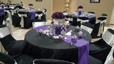 Lavender And Black Party Decorations, Purple Black And White Graduation Party, Lavender And Black Wedding Decorations, Black And Purple Party, Purple Party Decor, Purple Wedding Decorations, Black Wedding Decorations, Black Tablecloth, Quinceanera Ideas