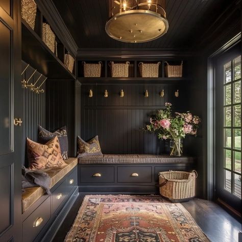 Colour Drenched Mudroom 🖤 . Design. @cielo.and.oak #rendering #render #mudroom #colourdrenching #shiplap #aiinteriordesign #aidesign #midjourney #luxuryhomes #luxuryinteriors #interiordesign #interiordesigner #interiorforinspo #yyj #yyjdesigner #yyjbusiness #womeninbusiness L Mudroom, Mudroom With Fireplace, Moody Mudroom Laundry Room, Dark Moody Mudroom, Black And Wood Mudroom, Modern Rustic Mudroom, Shiplap In Mudroom, Moody Mudroom Ideas, Fancy Mudroom