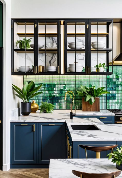 #UrbanKitchen #GlassPartition #USAHomeDesign #FunctionalAesthetics #ColorfulDecor This USA-inspired urban kitchen design uses a sleek glass partition to define space while keeping it visually connected. Walnut cabinets and marble counters offer sophistication, while a colorful tile backsplash and lush plants bring warmth, perfect for an open, vibrant kitchen layout. Colorful Tile Backsplash, Urban Kitchen Design, Color Tile Backsplash, Glass Divider, Vibrant Kitchen, Colorful Tile, Kitchen Styling Modern, Marble Counters, Lush Plants