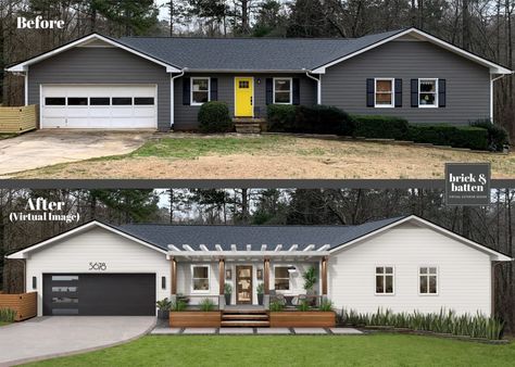 15 Modern Front Porch Ideas - brick&batten Front Porch With Awning, Carport Front Door Entrance, Ranch Style Homes Exterior Before And After Old Houses, Change Roof Line Before And After, Front Porch Overhang Ideas Ranch, 70s Ranch Exterior Remodel Before And After, Front Porch Makeover Before After, Ranch Front Porch Addition, Diy Porch Awning