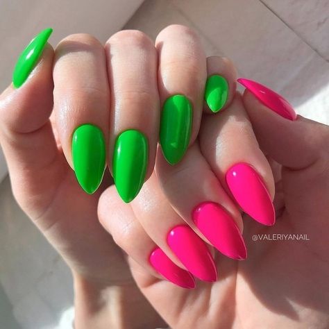 Neon Nail Ideas Bright Colors Gel, Hot Pink And Neon Green Nails, One Color Nails Summer, Hot Pink And Green Nails, Different Color Nails On Each Hand, Neon Colored Nails, Multicoloured Nails, Bandana Nails, Ombre Chrome Nails