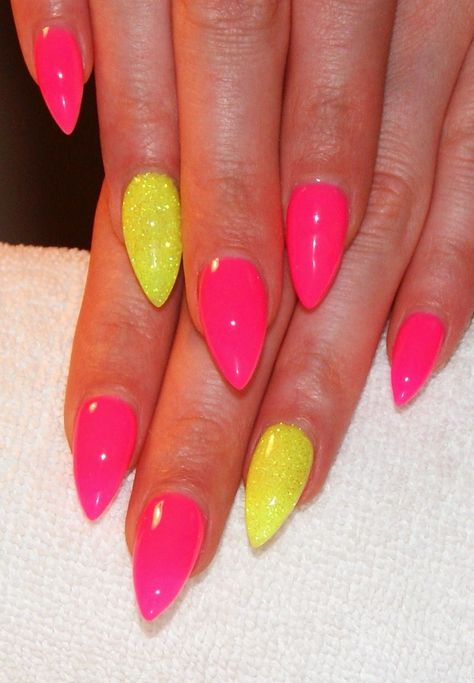 Neon Pink And Yellow Ombre Nails, Pink And Yellow Glitter Nails, Neon Pink And Neon Yellow Nails, Neon Yellow Glitter Nails, Neon Pink Yellow Nails, Bright Pink And Yellow Nails, Hot Pink And Neon Yellow Nails, Neon Glitter Nails Summer, Neon Nail Ideas Summer Almond