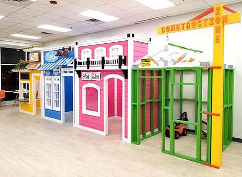 Mini Town Playroom, Play Town For Kids, Little Town Playroom, Indoor Play Town, Tiny Town Playroom, Town Playroom, Play Town, Custom Playhouse, Indoor Playground Design