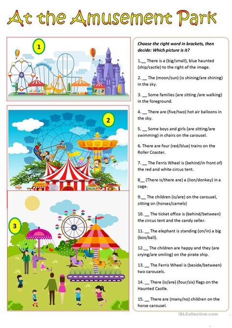 At The Amusement Park Worksheet Amusement Park Worksheet, Some Sentences, English Teaching Materials, English Worksheet, Map Activities, Blue Train, Park Pictures, Picture Description, English Activities