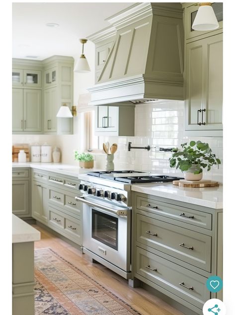 Sage Green Cabinets, Sage Green Kitchen Cabinets, Green Country Kitchen, Green Kitchen Cabinet, Sage Kitchen, Kitchen Cabinet Inspiration, Sage Green Kitchen, Green Kitchen Cabinets, Copper Handles