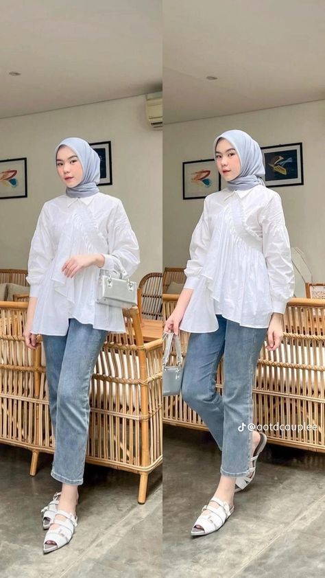 Denim White Outfit Hijab, White Hijab Outfit, White Hijab, White Ootd, Outfit Ngampus, Denim Ootd, Ootd Hijab Style, Casual Mom Style, Casual Hijab Outfit