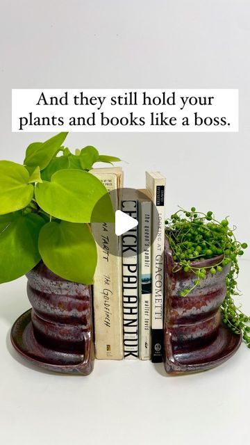 Nicole M Curcio on Instagram: "Another peek at the newest version of my Plant Shelfie Bookends- extra curvy edition! . New glaze is Mars Crystal from @amacobrent and I want to glaze everything like this! . Do you like the curvy bookends or the original style better? I would love to hear your thoughts. . . #plantsandbooks #booksandplants #bookends #plantshelfie #plantshelfiebookends" Hand Built Pottery Bookends, Ceramic Bookends Ideas, Air Dry Clay Bookends, Bookend Planters, Planter Bookends, Clay Bookends, Airclay Ideas, Pottery Bookends, Bookends Ideas