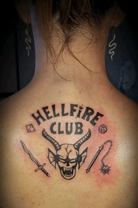 Hellfire Club Eddie Munson Inspired Tattoos, Hellfire Club Tattoo, Shameless Inspired Tattoos, Eddie Munson Tattoo Ideas, Buffy Tattoo Ideas, Ahs Tattoo Ideas, Eddie Munson Tattoos, Quotes Tattoo Design, Stranger Things Tattoo Ideas