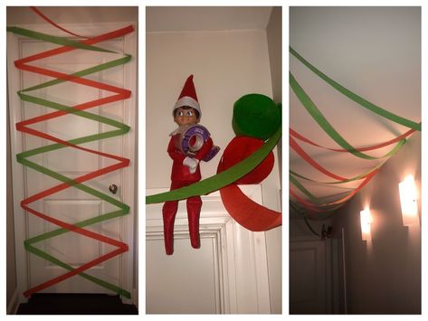 Elf On The Shelf Hallway Ideas, Elf Streamers, Elf On The Shelf Streamer Ideas, Elf On The Shelf Ideas With Streamers, Elf On The Shelf Ceiling, This Hallway Is Under Elf Surveillance, Elf On The Shelf Stuck In Blinds, Elf On The Shelf Hanging From Ceiling, Elf On The Shelf Hanging From Fan