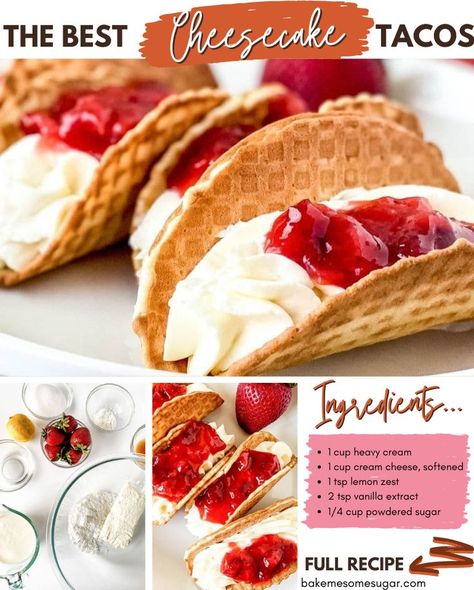 Dessert tacos are a delicious waffle cone taco that is stuffed with a no-bake cheesecake filling and a strawberry glaze. Mini strawberry cheesecake tacos that are so simple to make. Cheesecake Tacos Recipe, Homemade Strawberry Glaze, Strawberry Cheesecake Tacos, Dessert Tacos, Cheesecake Tacos, Mini Strawberry Cheesecake, No Bake Cheesecake Filling, Dessert Taco, Popular Desserts Recipes