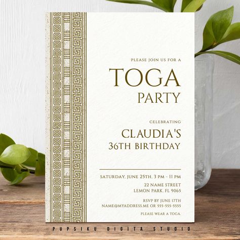 Toga Birthday Party Invitation with Greek Key, 5x7 Editable Card, Costume Party, Ancient Greece Rome Event, Instant Corjl Template 031C Card Costume, Toga Party, Elegant Template, 36th Birthday, Greek Key, Birthday Party Invitation, Ancient Greece, Ancient History, Themed Party